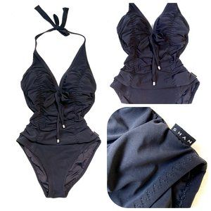 NWOT Shan High Leg Halter Ruched Tie-Front one piece swimsuit